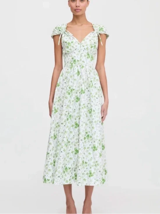 Hill House White Midi Dress with Green Floral Print and Tie Shoulders - Picture 1 of 7